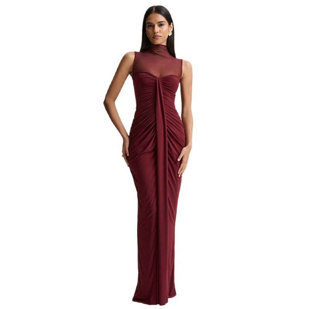 Zara High Neck Sleeveless Slim Maxi Dress Mesh Patchwork Smocked Spring Summer - Picture 5 of 6